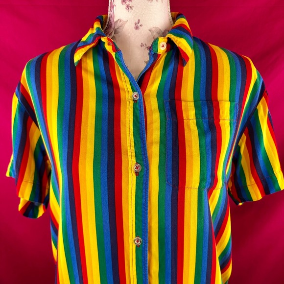 A.LAB Rainbow Striped Button Up Short Sleeve Shirt XS Gay Pride Colorful Kidcore - Picture 17 of 17